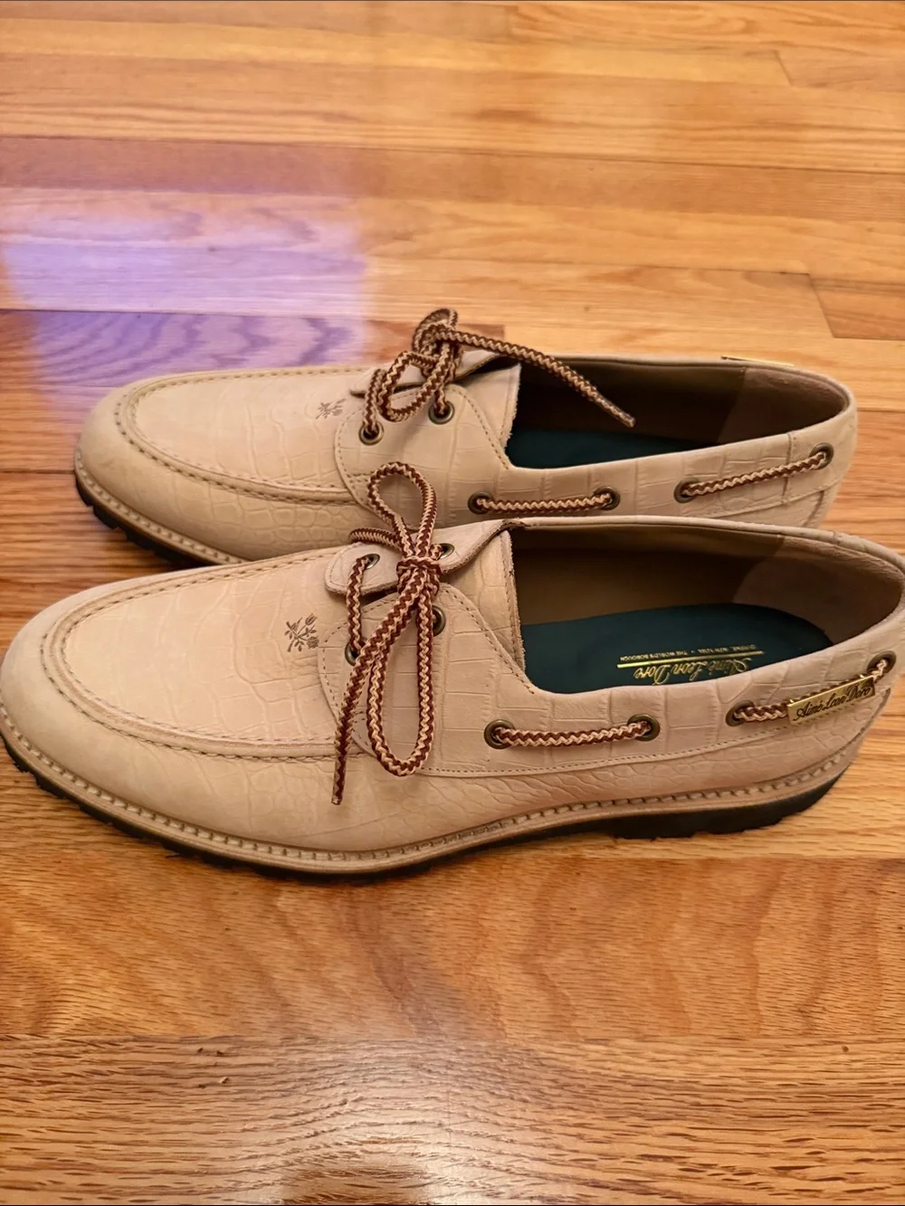Aime Leon Dore Beige Croc-Embossed Boat Shoes with Brown Braided Laces
